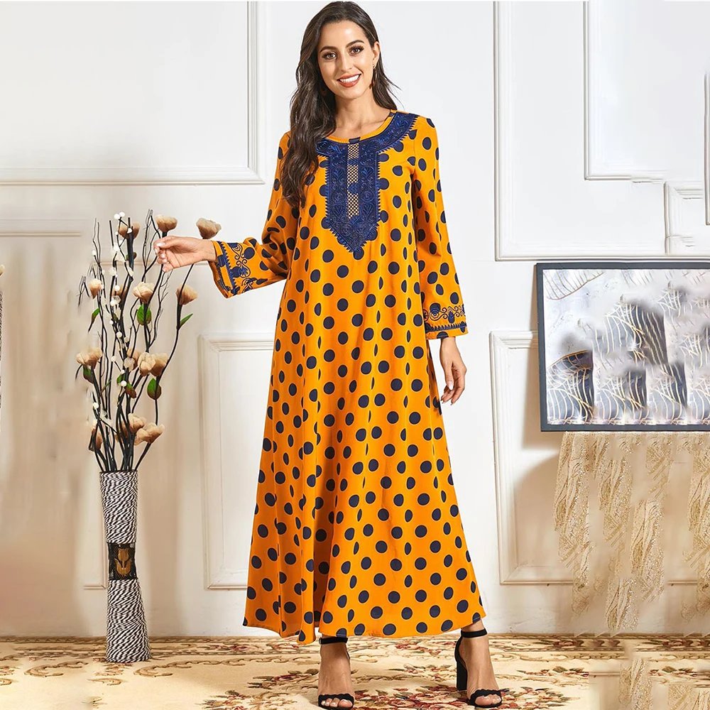 Muslim dress Fashion Spring and Autumn Women's Yellow Polka Dot Printed Ethnic Embroidery Casual Comfortable Abaya Dubai Dresses
Muslim dress Fashion Spring and Autumn Women's Yellow Polka Dot Printed Ethnic Embroidery Casual Comfortable Abaya Dubai Dresses