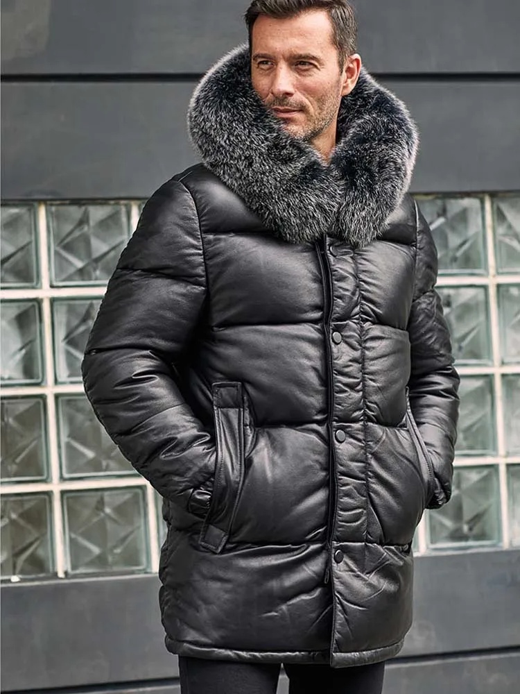 Mens Cowhide Coat Genuine Leather Black Down Jacket With Fox Fur Collar Warmest Long Winter Overcoat
Mens Cowhide Coat Genuine Leather Black Down Jacket With Fox Fur Collar Warmest Long Winter Overcoat