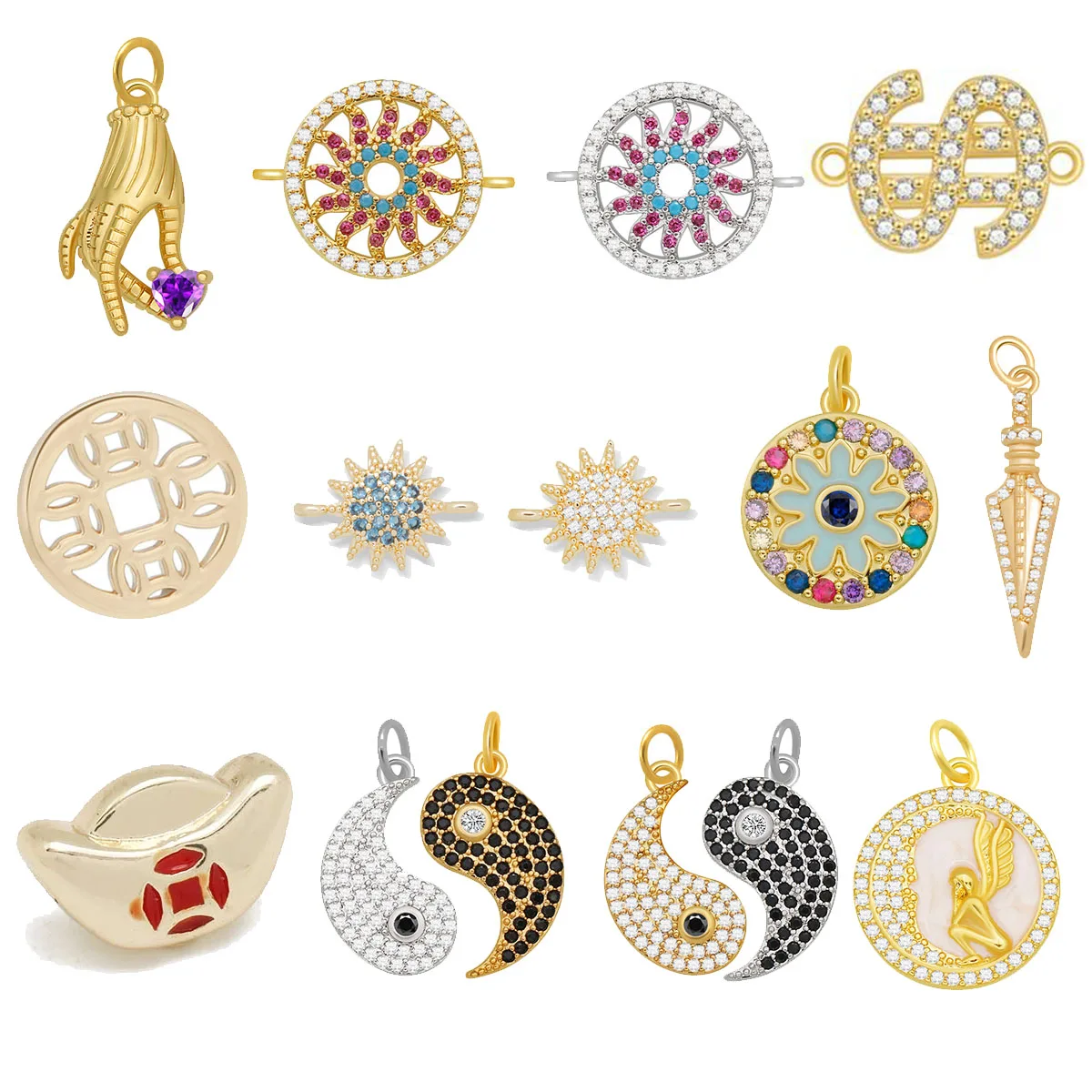 Zircon Gold-plated Money Symbol Hand Round Angel Tai Chi Charm Pendant For Necklace Bracelet DIY Making Jewelry Accessories Gift
Zircon Gold-plated Money Symbol Hand Round Angel Tai Chi Charm Pendant For Necklace Bracelet DIY Making Jewelry Accessories Gift