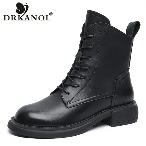 DRKANOL Retro Women Boots Autumn Winter Round Toe Flat Heel Genuine Cow Leather Street Style Ankle Boots For Women Trend Shoes