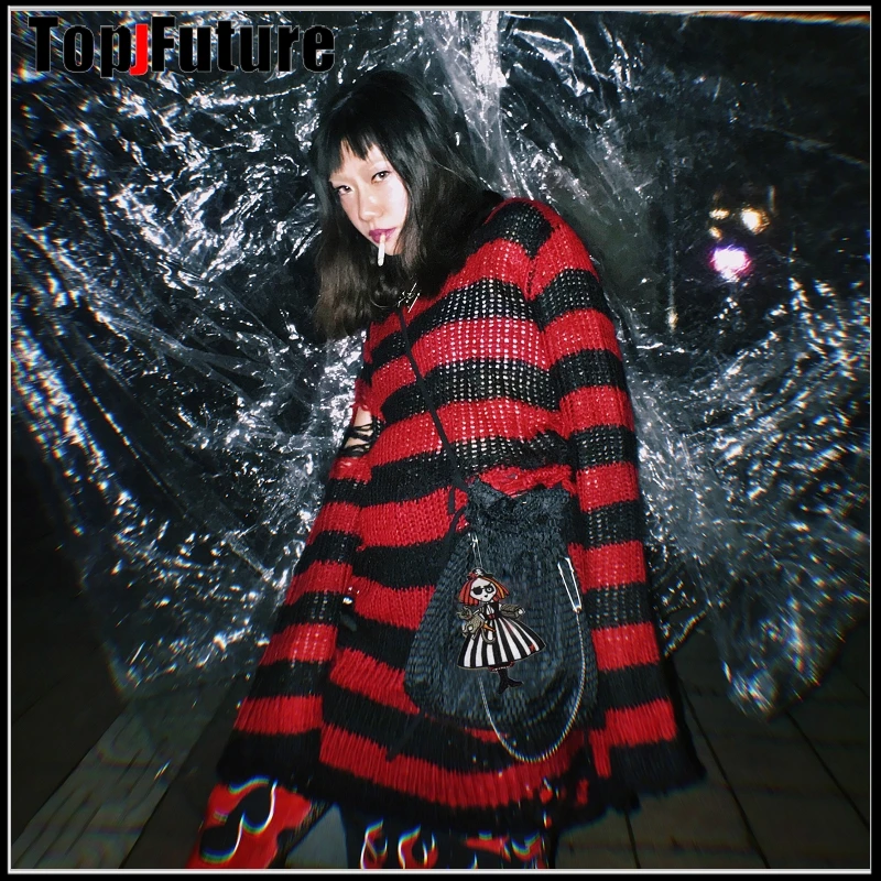 Women Girl Sweater Gothic Punk Striped Knitted Sweater Jumper Loose Female Harajuku hole Decadence and laziness Long Pullover
Women Girl Sweater Gothic Punk Striped Knitted Sweater Jumper Loose Female Harajuku hole Decadence and laziness Long Pullover