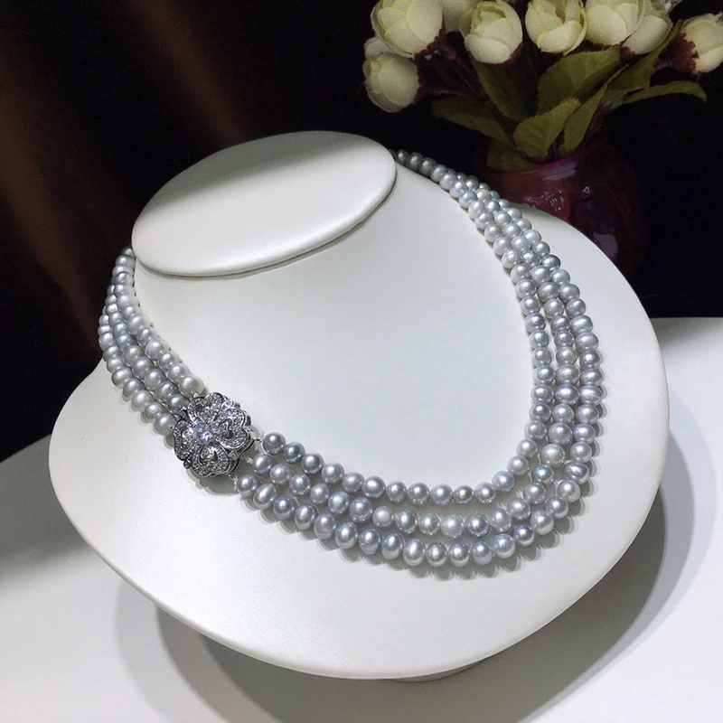 HABITOO Luxury 3 Strand Natural 8-9 MM Gray Round Cultured Freshwater Pearl Necklace Choker Cubic Zircon Flower Clasp Jewelry
HABITOO Luxury 3 Strand Natural 8-9 MM Gray Round Cultured Freshwater Pearl Necklace Choker Cubic Zircon Flower Clasp Jewelry