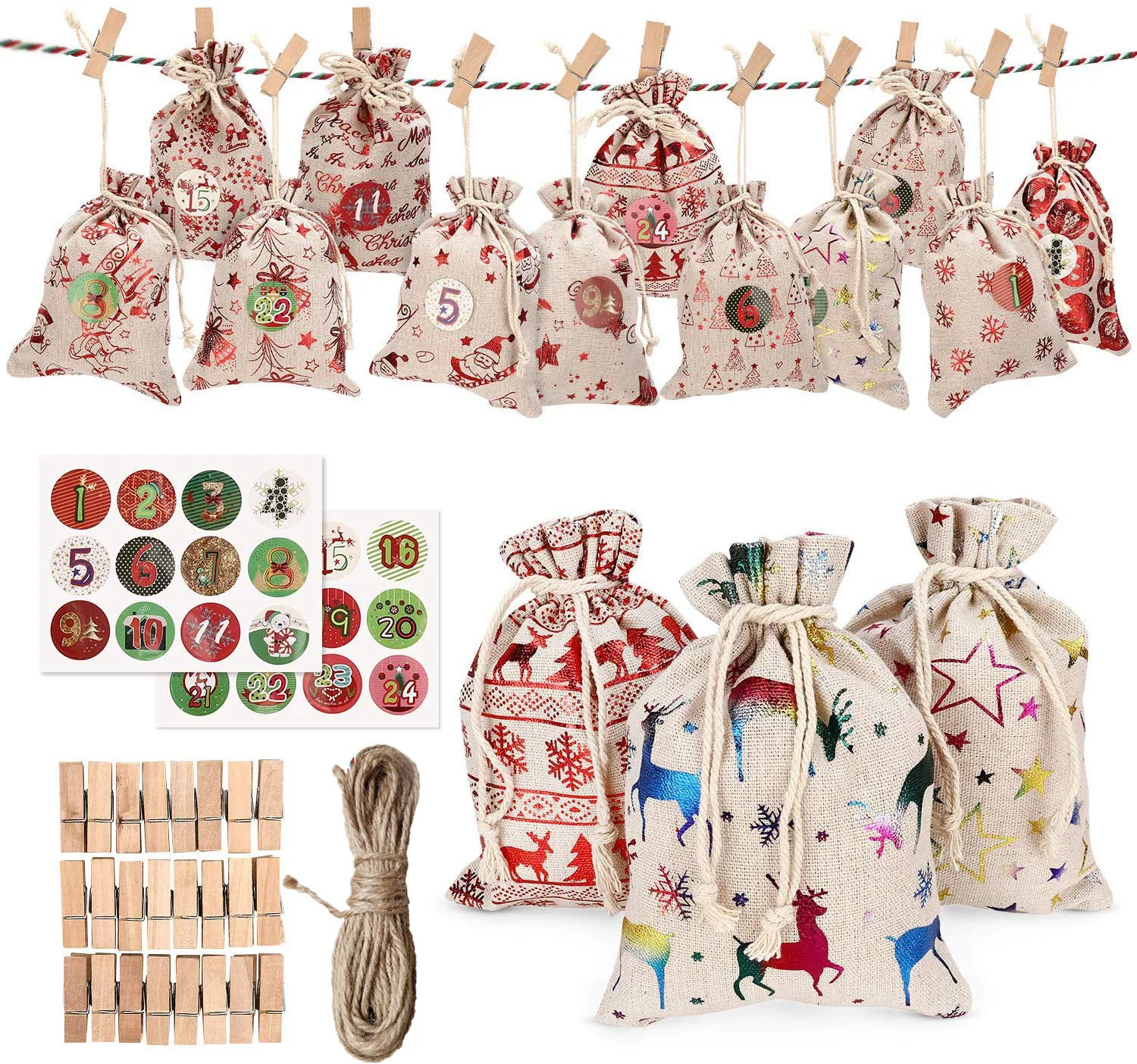 24 decorative and hanging small cloth bags Drawstring bag Advent calendar Christmas cotton linen bag set Christmas gift bag
24 decorative and hanging small cloth bags Drawstring bag Advent calendar Christmas cotton linen bag set Christmas gift bag