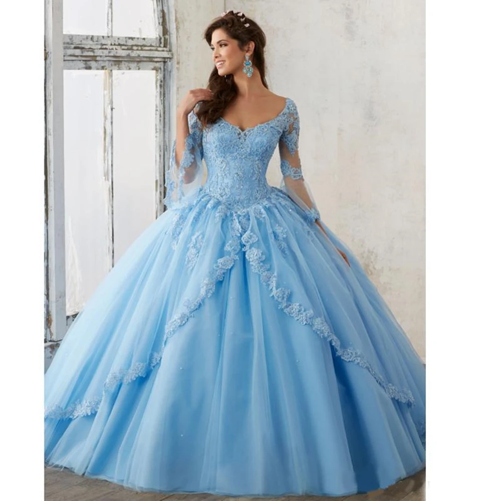 Long Sleeve Sky Blue Ball Gown Quinceanera Dresses V Neck Lace Appliques Long Prom Sweet 16 Prom Gowns Vestidos De
Long Sleeve Sky Blue Ball Gown Quinceanera Dresses V Neck Lace Appliques Long Prom Sweet 16 Prom Gowns Vestidos De