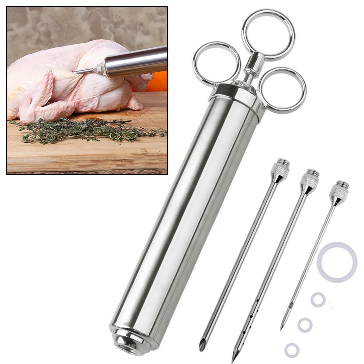 4 oz Stainless Steel Commercial Grade Meat Marinade Flavor Injector Kit 1/2 Cup Capacity Seasoning Injector with 3 Professional
4 oz Stainless Steel Commercial Grade Meat Marinade Flavor Injector Kit 1/2 Cup Capacity Seasoning Injector with 3 Professional