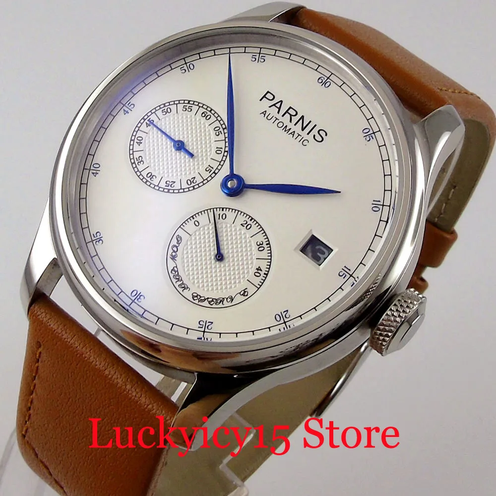 PARNIS Simple Round Automatic Men Wristwatch Power Reserve Date Indicator Leather Band
PARNIS Simple Round Automatic Men Wristwatch Power Reserve Date Indicator Leather Band