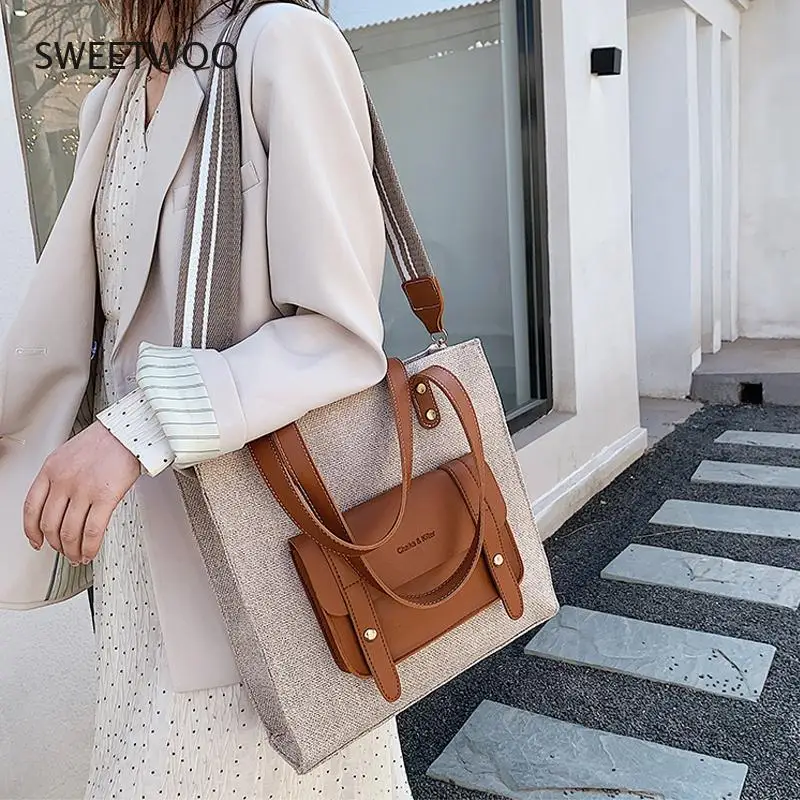 Casual linen large capacity women shoulder bags designer wide strap handbag pu patchwork messenger bag female shopper big tote
Casual linen large capacity women shoulder bags designer wide strap handbag pu patchwork messenger bag female shopper big tote