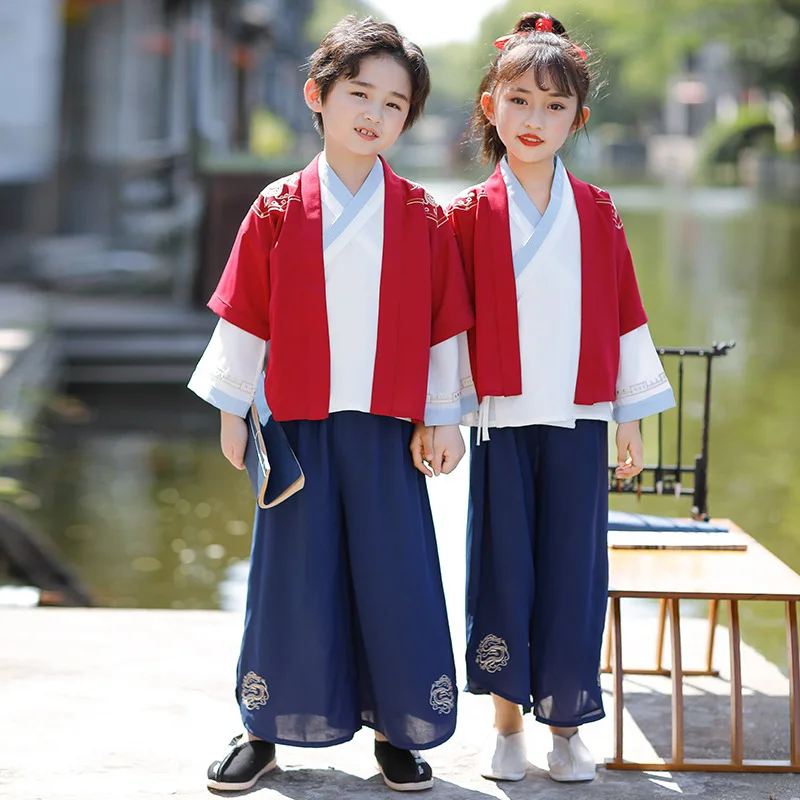 Chinese Lovely Cotton Three Piece Set Girls Embroidery Ancient Hanfu Children Boys Traditional Tang Suit Perform Costumes
Chinese Lovely Cotton Three Piece Set Girls Embroidery Ancient Hanfu Children Boys Traditional Tang Suit Perform Costumes