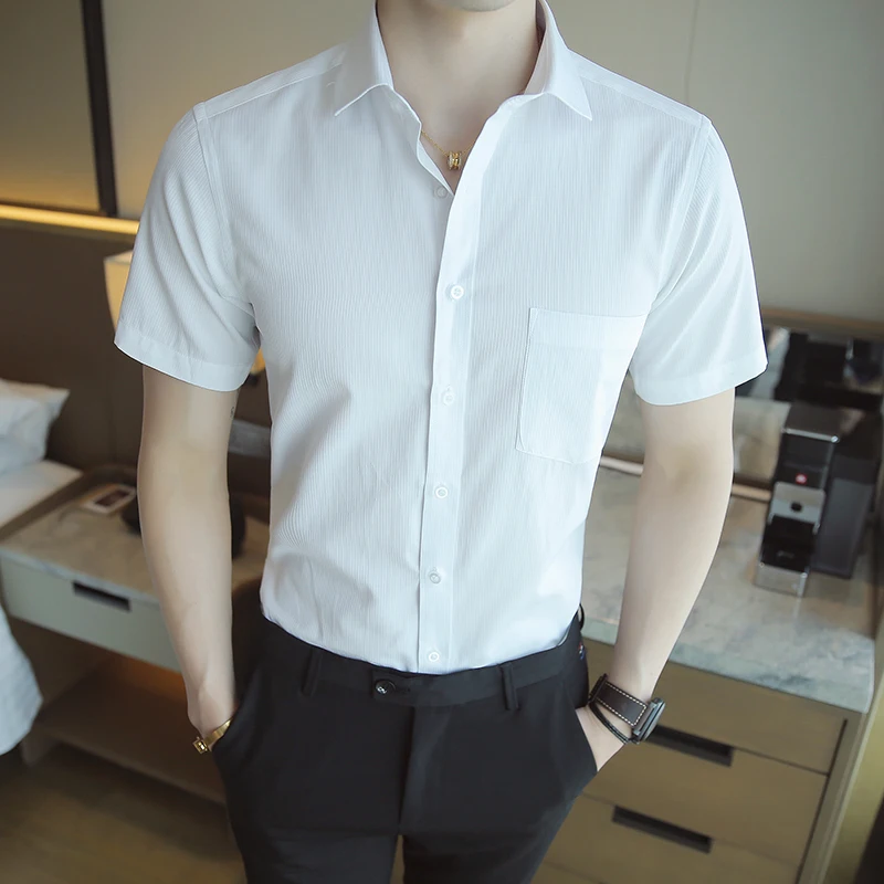 Summer Korean Men's Casual Dress Shirts Short Sleeved Striped Shirt Slim Fit Button Up Male Blouses 4XL 5XL
Summer Korean Men's Casual Dress Shirts Short Sleeved Striped Shirt Slim Fit Button Up Male Blouses 4XL 5XL