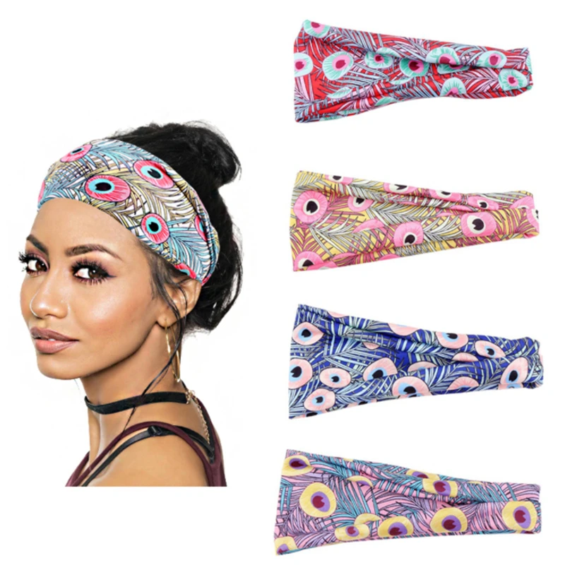 New wide-brimmed sports headband, cross rubber band headband, colorful peacock multicolor headband printed cross silk scarf band 
New wide-brimmed sports headband, cross rubber band headband, colorful peacock multicolor headband printed cross silk scarf band