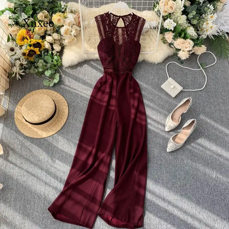Summer Ladies Jumpsuit Ol Ladies Hollow Backless Sleeveless Lace Solid Color Waist Thin Wide-Leg Pants
Summer Ladies Jumpsuit Ol Ladies Hollow Backless Sleeveless Lace Solid Color Waist Thin Wide-Leg Pants