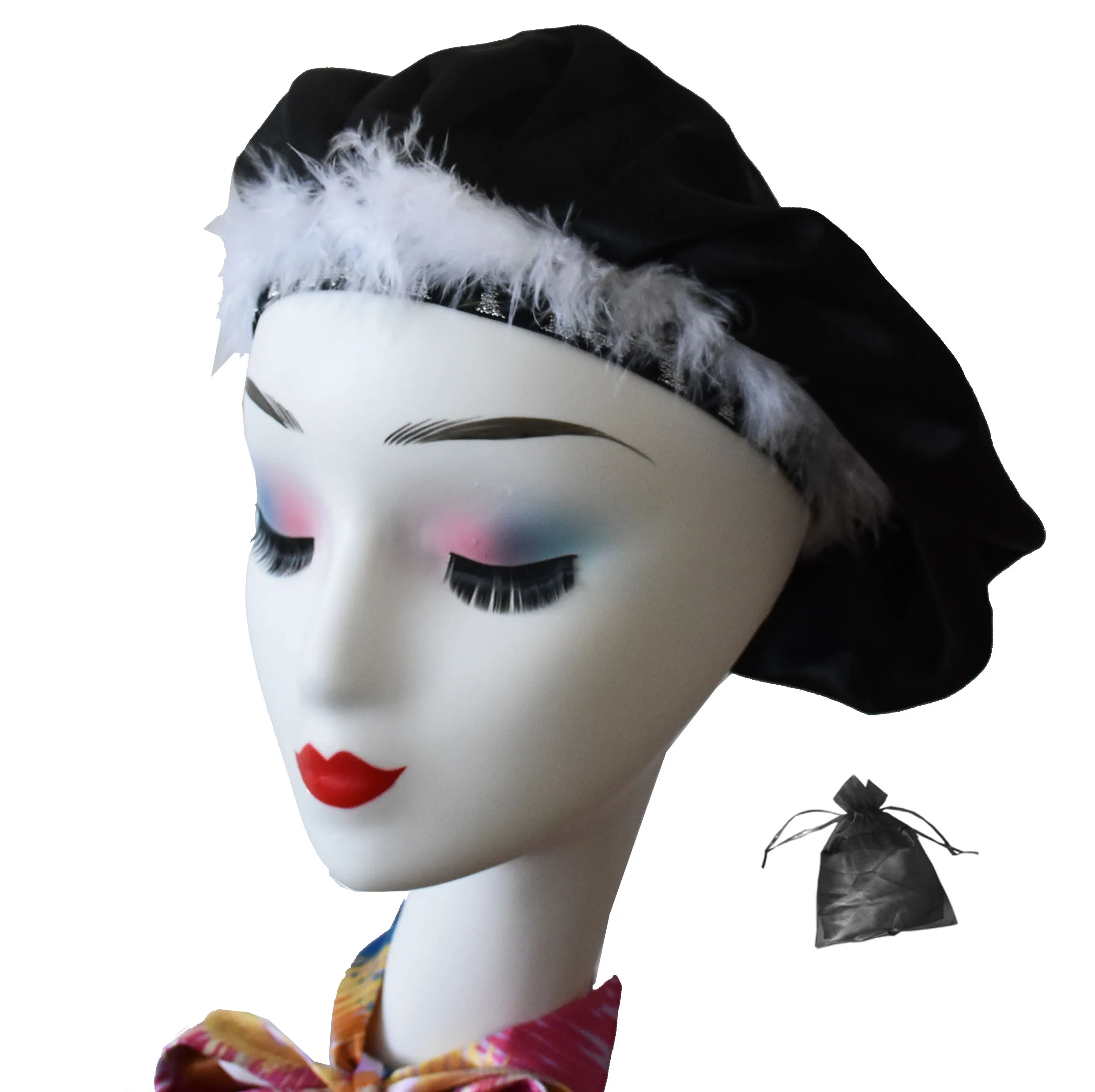 new fashion wide band black silk hair satin bonnets with custom logo with fur packing bag
new fashion wide band black silk hair satin bonnets with custom logo with fur packing bag