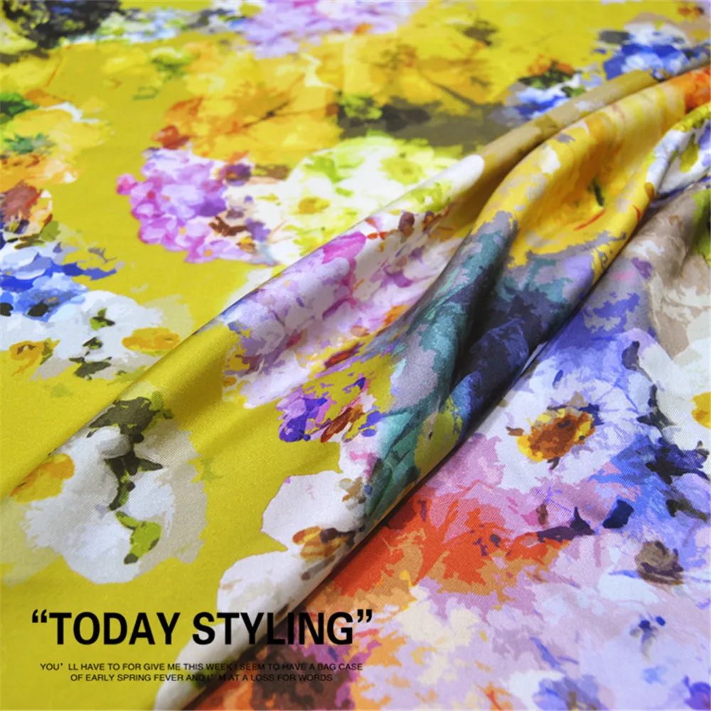 Yellow Ground Colorful Floral Elegant Style Design Silk Twill Fabric with Natural Material for Women Dress
Yellow Ground Colorful Floral Elegant Style Design Silk Twill Fabric with Natural Material for Women Dress