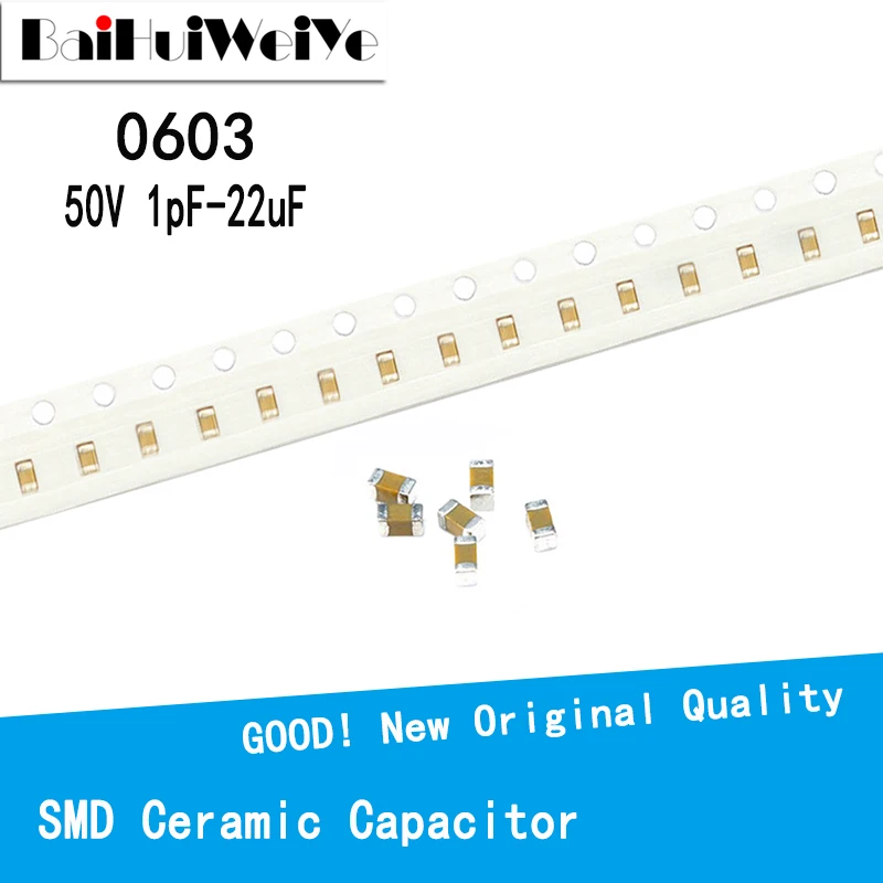 100PCS/LOTE 0603 50V SMD Thick Film Chip Multilayer Ceramic Capacitor 1pF - 22uF 10NF 100NF 1UF 2.2UF 4.7UF 10UF 1NF 100PF 470p
100PCS/LOTE 0603 50V SMD Thick Film Chip Multilayer Ceramic Capacitor 1pF - 22uF 10NF 100NF 1UF 2.2UF 4.7UF 10UF 1NF 100PF 470p