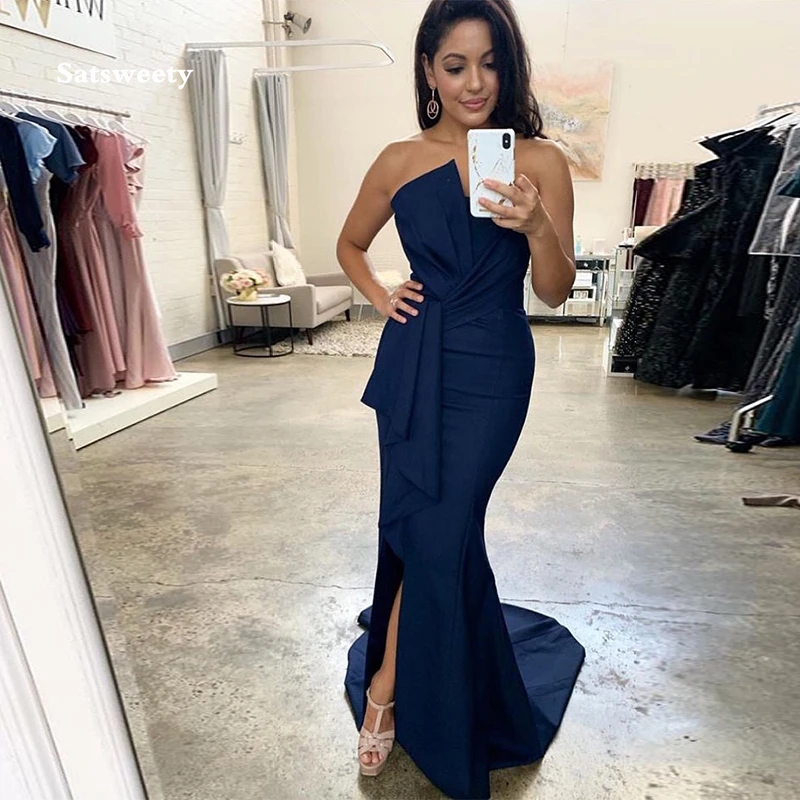Sexy Navy Blue Evening Dresses Strapless Mermaid Style Pleats Elastic Satin Elegant Long Prom Dress Formal Gowns Robe De Soiree
Sexy Navy Blue Evening Dresses Strapless Mermaid Style Pleats Elastic Satin Elegant Long Prom Dress Formal Gowns Robe De Soiree