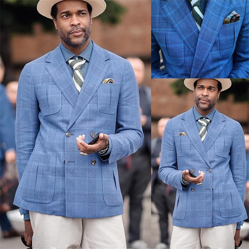 Cotton And Linen Gentleman Handsome Formal Blue Men's Suit Double Breasted Lapel Suit Plaid Pattern Leisure Coat
Cotton And Linen Gentleman Handsome Formal Blue Men's Suit Double Breasted Lapel Suit Plaid Pattern Leisure Coat