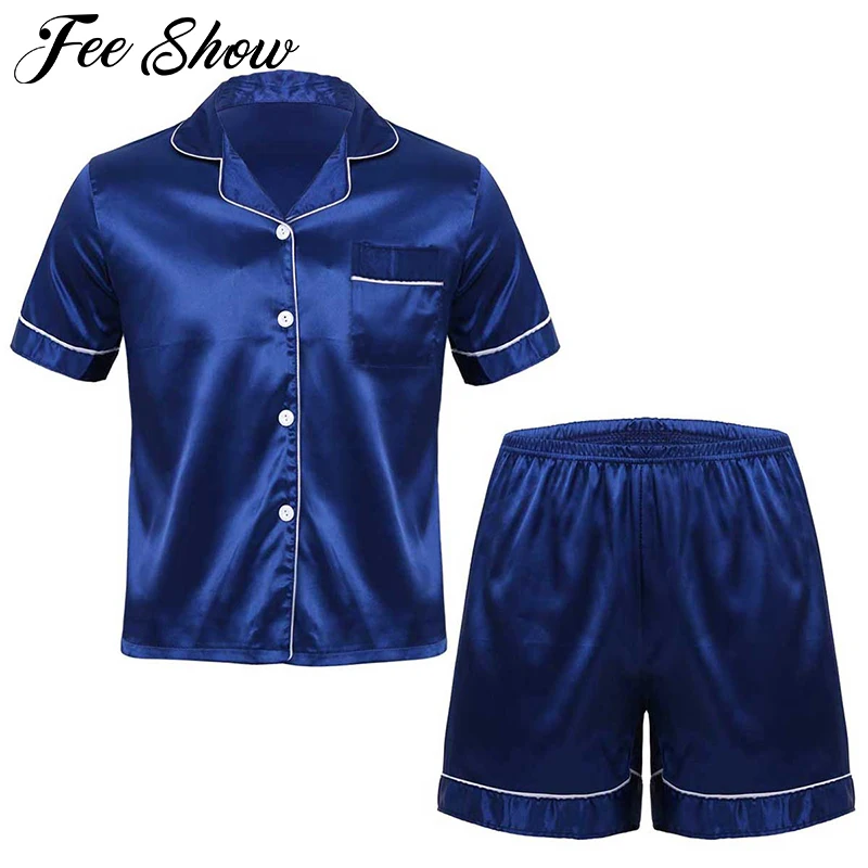 Summer Men Silky Satin Pajamas Set Short Sleeves Button Down Shirts Tops with Elastic Waist Shorts Male Sleepwear Loungewear
Summer Men Silky Satin Pajamas Set Short Sleeves Button Down Shirts Tops with Elastic Waist Shorts Male Sleepwear Loungewear