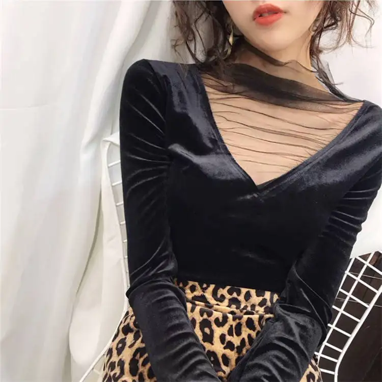 Blouse Women V-neck Stitching Mesh Velvet Shirts Long Sleeve Slim-Fit Top Women Blusas Ropa De Mujer
Blouse Women V-neck Stitching Mesh Velvet Shirts Long Sleeve Slim-Fit Top Women Blusas Ropa De Mujer