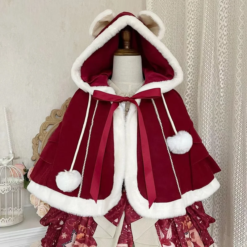 Lolita Woman Autumn Winter Shawl Plus Velvet Thickening Cute Woolen Christmas Cosplay Red Cloak Dress Clothing Costume
Lolita Woman Autumn Winter Shawl Plus Velvet Thickening Cute Woolen Christmas Cosplay Red Cloak Dress Clothing Costume