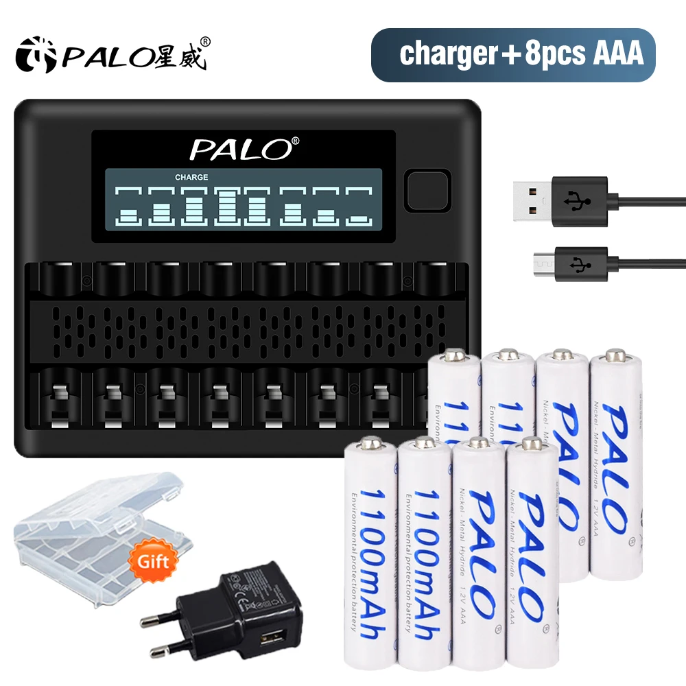 PALO 1100mAh 1.2V AAA Battery NI-MH AAA Rechargeable Battery for Camera Toy + 8 Slots smart battery charger for 1.2v AA AAA
PALO 1100mAh 1.2V AAA Battery NI-MH AAA Rechargeable Battery for Camera Toy + 8 Slots smart battery charger for 1.2v AA AAA