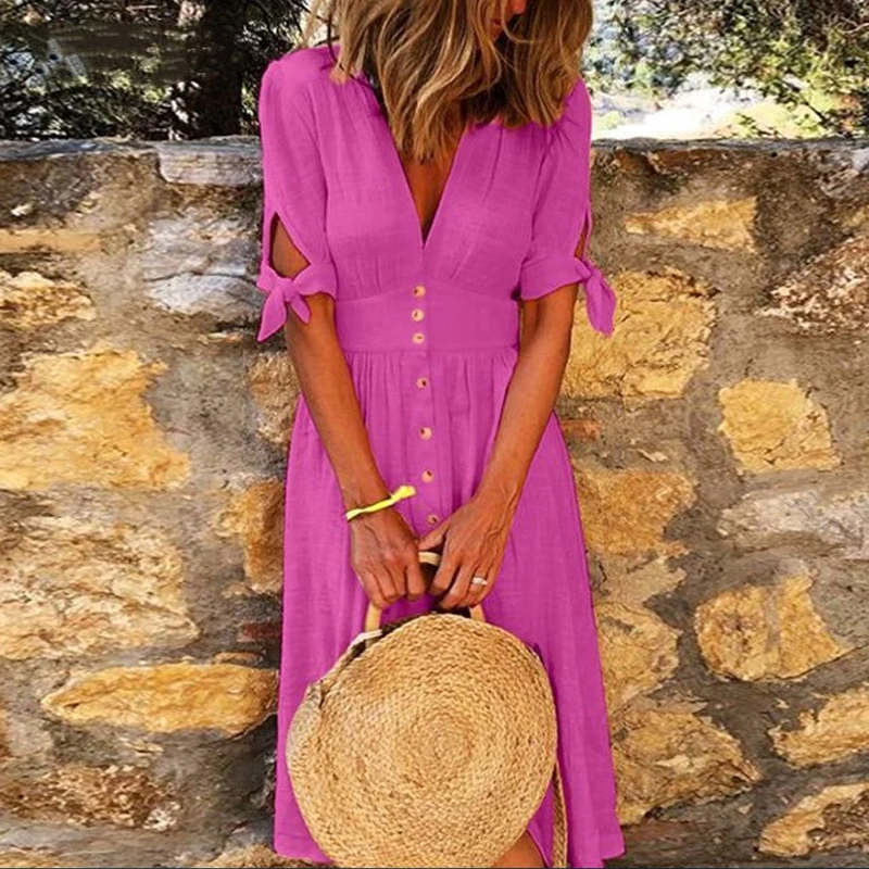 Casual Women Summer Beach Boho Dress Sexy Deep V-Neck Solid Half Sleeve Dress Elegant Lady Button Wrap Midi Party Dress Vestidos
Casual Women Summer Beach Boho Dress Sexy Deep V-Neck Solid Half Sleeve Dress Elegant Lady Button Wrap Midi Party Dress Vestidos