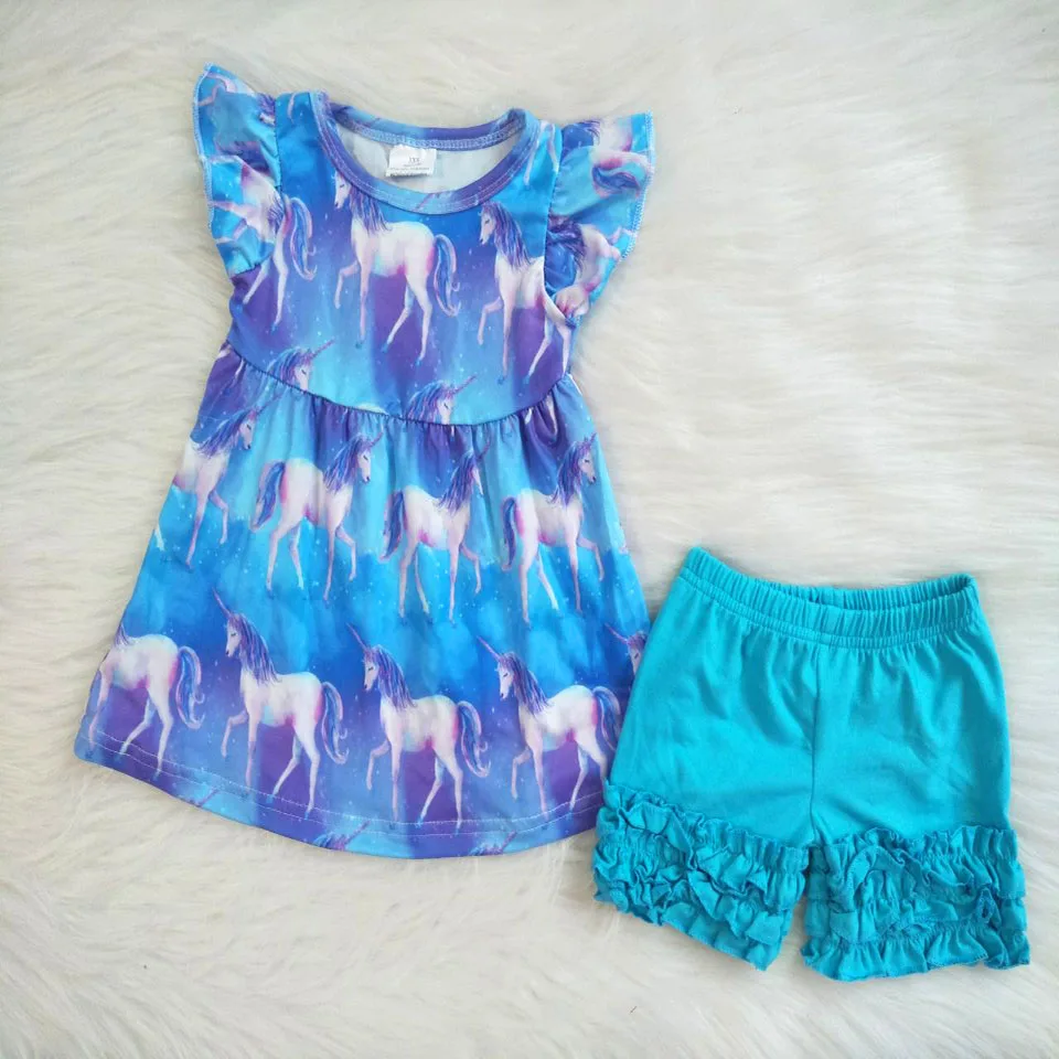 Summer blue outfits for girls flying sleeve O neck t shirt+ruffle elastic shorts 2 pieces sets children unicorn outfits
Summer blue outfits for girls flying sleeve O neck t shirt+ruffle elastic shorts 2 pieces sets children unicorn outfits