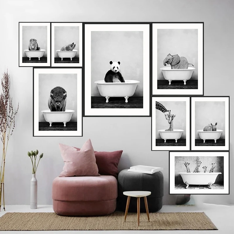 Black and White Animal Wall Art Bathroom Bathtub Poster Cartoon Elephant Lion Panda Giraffe Canvas Print For Kids Room Decor
Black and White Animal Wall Art Bathroom Bathtub Poster Cartoon Elephant Lion Panda Giraffe Canvas Print For Kids Room Decor
