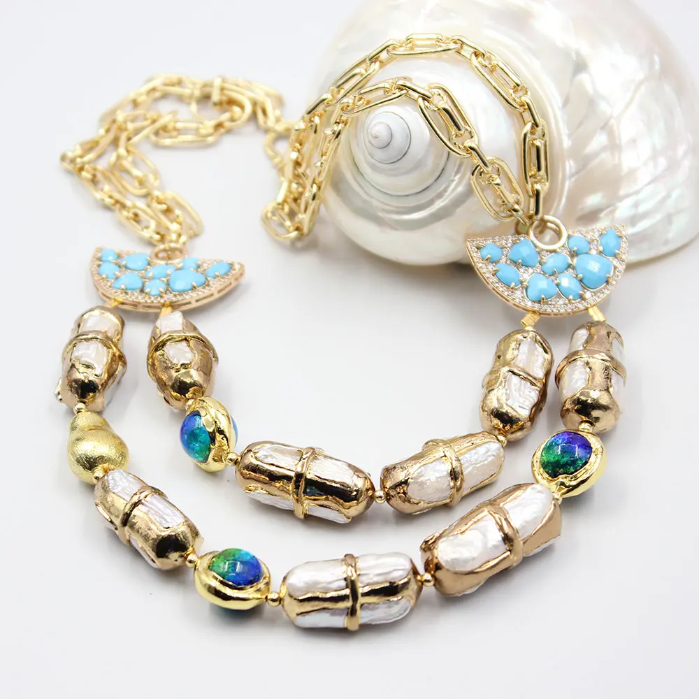GuaiGuai Jewelry 2 Strands Cultured Natural Biwa Pearl Turquoise Blue Crystal Druzy Murano Glass Necklace 21" For Lady Gift
GuaiGuai Jewelry 2 Strands Cultured Natural Biwa Pearl Turquoise Blue Crystal Druzy Murano Glass Necklace 21" For Lady Gift
