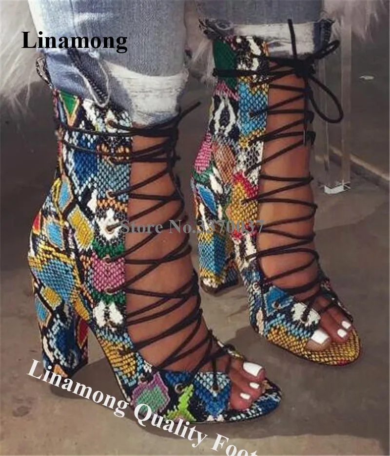 Linamong Sexy Fashion Peep Toe Snake Leather Chunky Heel Short Gladiator Boots Lace-up Cut-out Thick High Heel Ankle Booties
Linamong Sexy Fashion Peep Toe Snake Leather Chunky Heel Short Gladiator Boots Lace-up Cut-out Thick High Heel Ankle Booties