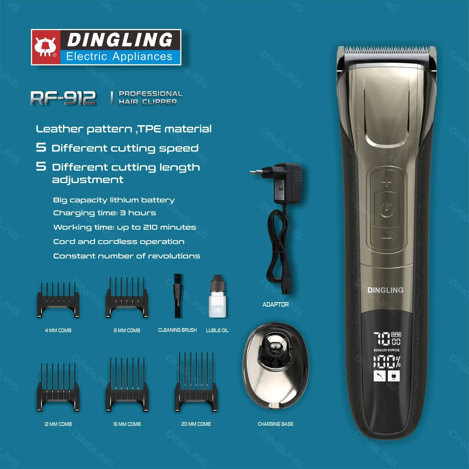 DingLing Electric Variable Speed Hair Clipper RF-912 Strong Power Fine Steel Cutter Head With LED Screen Washable Low Noise
DingLing Electric Variable Speed Hair Clipper RF-912 Strong Power Fine Steel Cutter Head With LED Screen Washable Low Noise