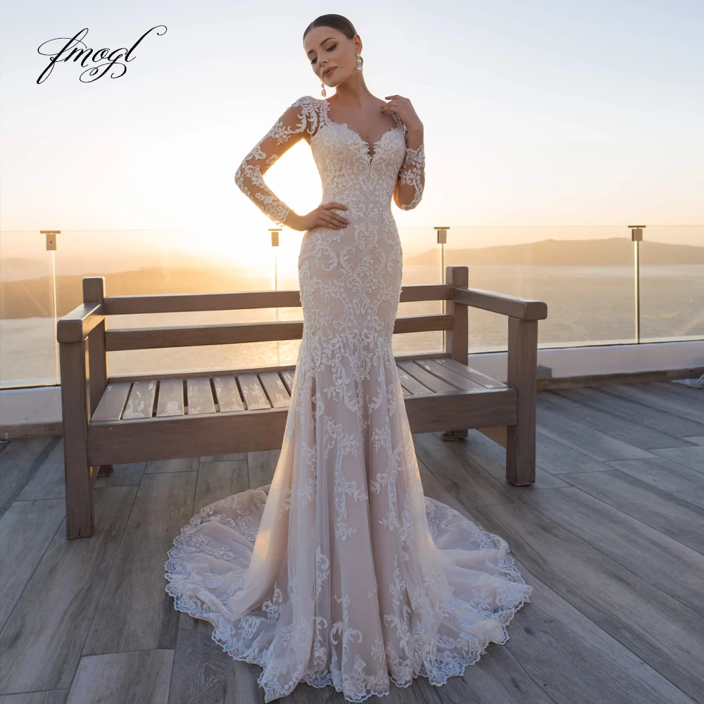 Fmogl Sexy Sweetheart Long Sleeve Lace Mermaid Wedding Dresses Luxury Illusion Appliques Court Train Trumpet Bride Gown
Fmogl Sexy Sweetheart Long Sleeve Lace Mermaid Wedding Dresses Luxury Illusion Appliques Court Train Trumpet Bride Gown