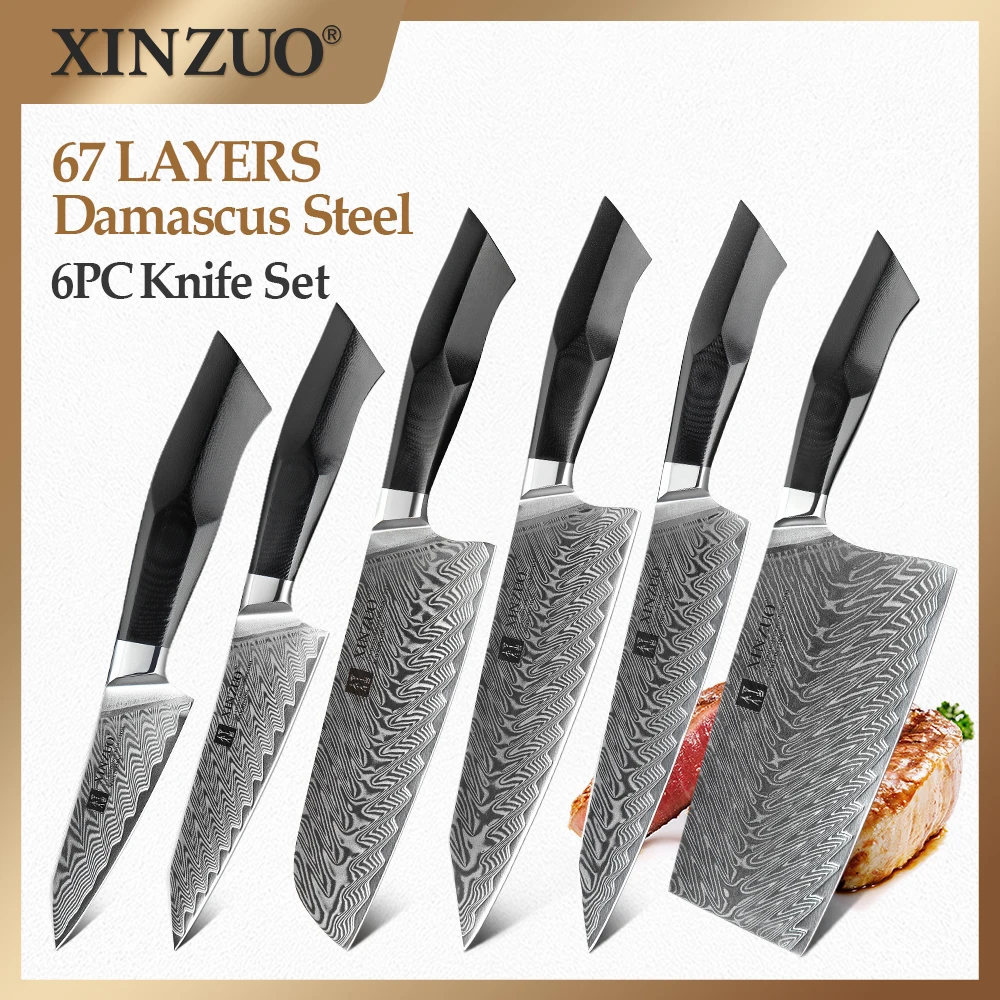 XINZUO 6PCS Kitchen Chef Knives Set VG10 Core Natural Damascus Veins Steel High Carbon Best Sharp Cutting Meat Cooking Knife Set
XINZUO 6PCS Kitchen Chef Knives Set VG10 Core Natural Damascus Veins Steel High Carbon Best Sharp Cutting Meat Cooking Knife Set