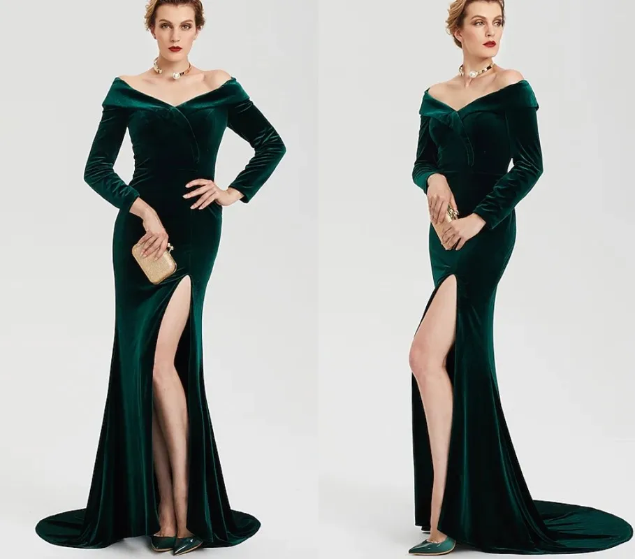 Green Split Mother of the Bride Dress 2025 Elegant Off Shoulder Long Sleeve Velvet Party Gown Customized Robe De Soiree
Green Split Mother of the Bride Dress 2025 Elegant Off Shoulder Long Sleeve Velvet Party Gown Customized Robe De Soiree
