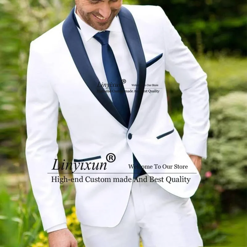 White Mens Suit with Navy Blue Shawl Lapel Groomsman Suit Blazer+Pants Custom Made Groom Tuxedo Best Man Suit for Wedding
White Mens Suit with Navy Blue Shawl Lapel Groomsman Suit Blazer+Pants Custom Made Groom Tuxedo Best Man Suit for Wedding