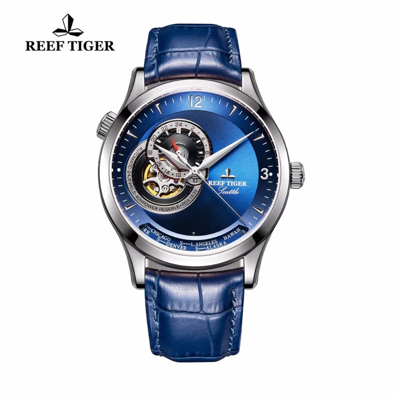 Reef Tiger/RT Роскошные автоматические механические часы с ремешком из натуральной кожи Дизайнерские повседневные мужские часы из нержавеющей стали с синим циферблатом
Reef Tiger/RT Роскошные автоматические механические часы с ремешком из натуральной кожи Дизайнерские повседневные мужские часы из нержавеющей стали с синим циферблатом