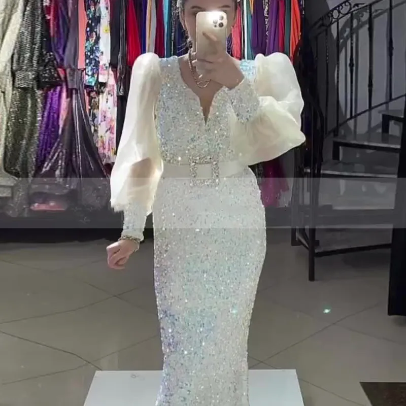Long Sleeves White sequins Mermaid Evening Dresses 2023 with Belt Prom Party Night Dress Formal Prom Dress vestidos de noche
Long Sleeves White sequins Mermaid Evening Dresses 2023 with Belt Prom Party Night Dress Formal Prom Dress vestidos de noche