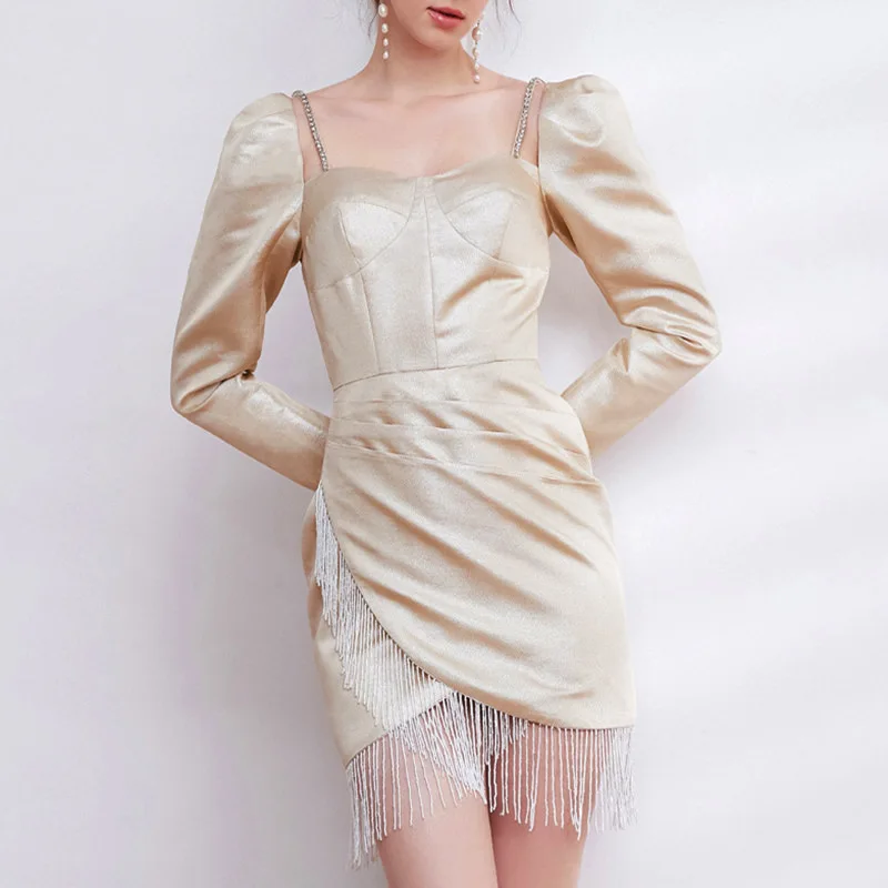 French Mini Prom Gown Fashion Square Collar Long Sleeve Women Daily Date Dress Irregular Tassel Hemline Cocktail Party Dress
French Mini Prom Gown Fashion Square Collar Long Sleeve Women Daily Date Dress Irregular Tassel Hemline Cocktail Party Dress