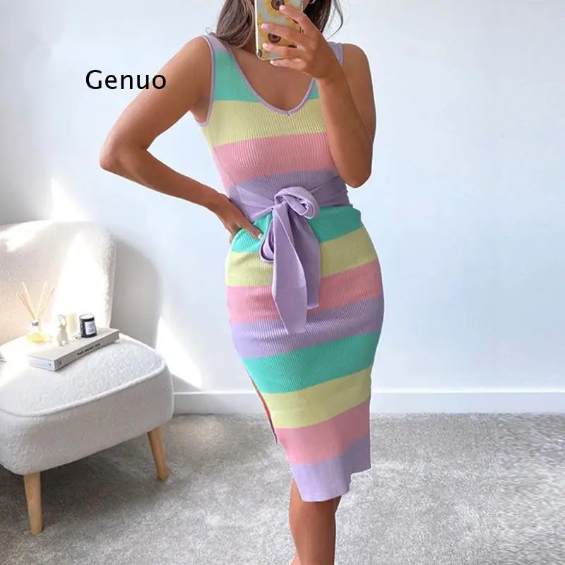 Knitted Summer Dress Women Sexy Candy Bodycon Midi Dresses Female V Neck Elegant Bandage Casual Sleeveless Stripe Party Dresses
Knitted Summer Dress Women Sexy Candy Bodycon Midi Dresses Female V Neck Elegant Bandage Casual Sleeveless Stripe Party Dresses