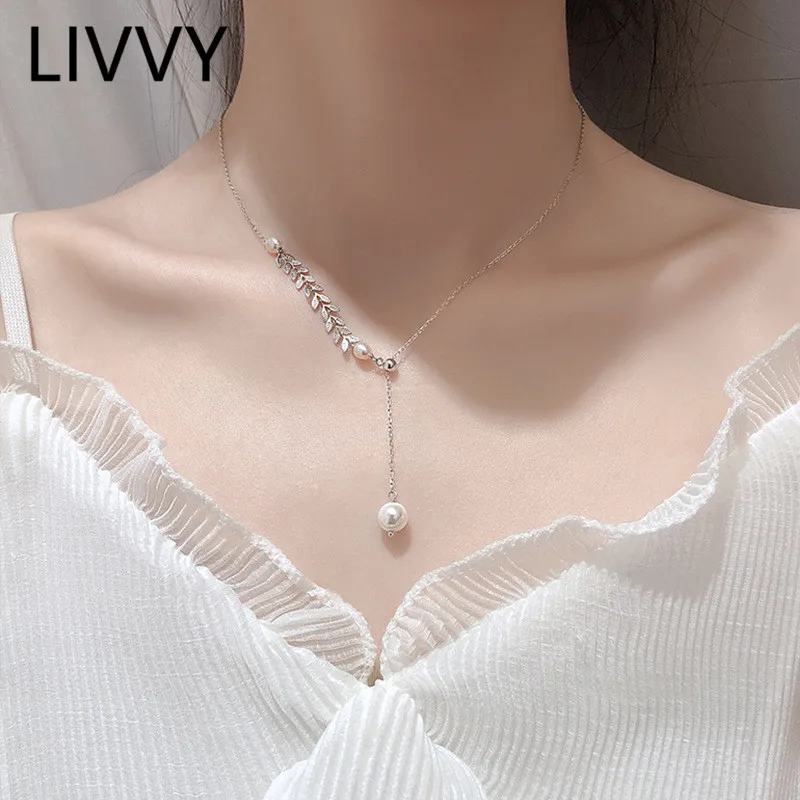 LIVVY New Simple Silver Color Leaf Pearl Necklace Korean Tassel Chain For Women Girls Trendy Jewelry Party Gifts
LIVVY New Simple Silver Color Leaf Pearl Necklace Korean Tassel Chain For Women Girls Trendy Jewelry Party Gifts