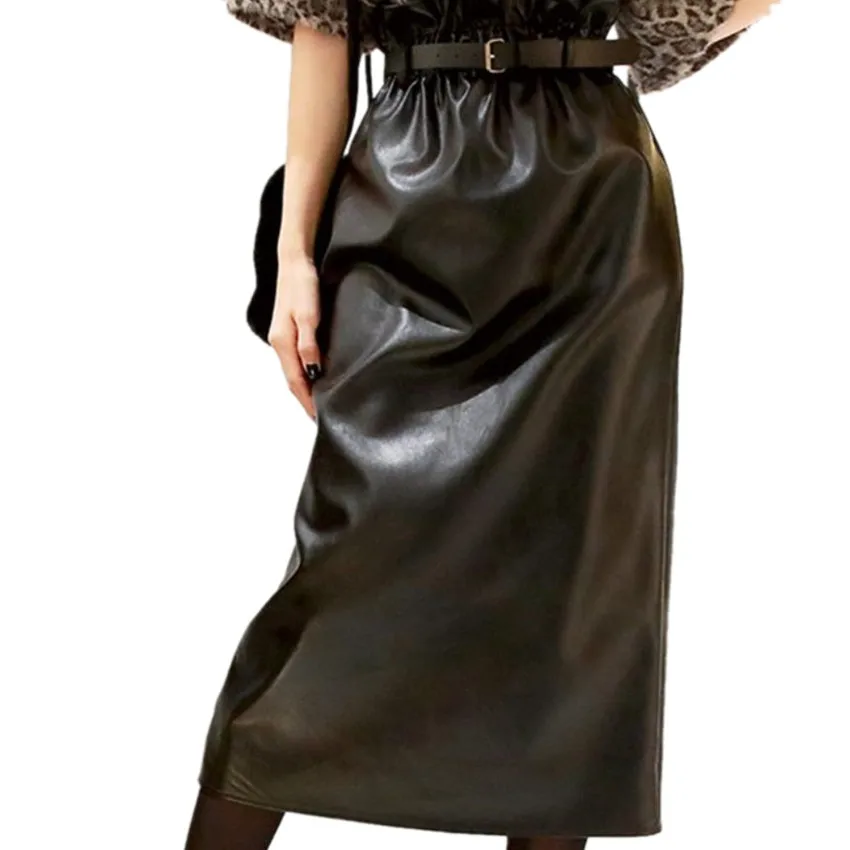 New arrival fashion pu leather skirt women high waist split a-line mid calf skirt
New arrival fashion pu leather skirt women high waist split a-line mid calf skirt