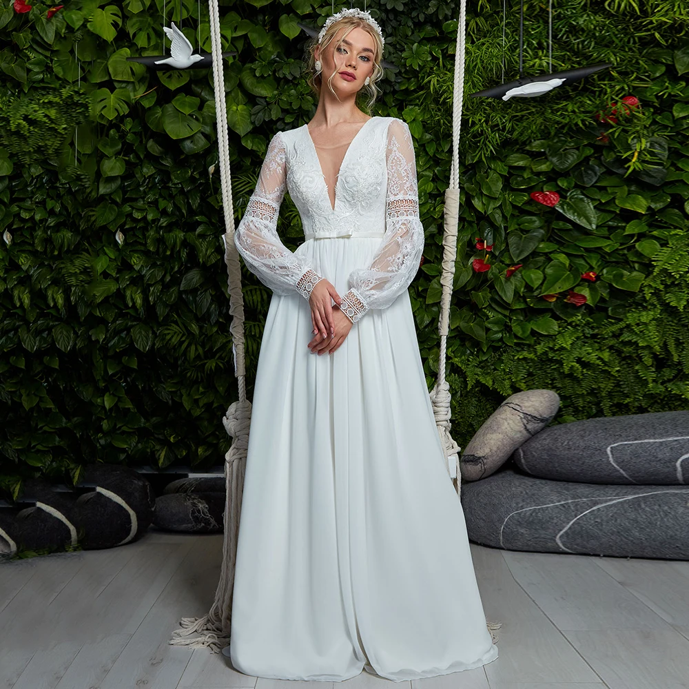 Bohemian Wedding Dress 2023 Ladies Deep V Neck Lace Long Sleeves Appliques Chiffon Bridal Gowns with Up Back Robe De Mariee
Bohemian Wedding Dress 2023 Ladies Deep V Neck Lace Long Sleeves Appliques Chiffon Bridal Gowns with Up Back Robe De Mariee