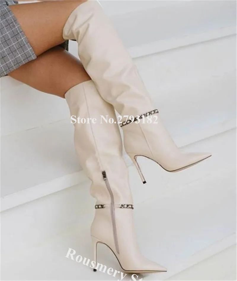 Brand Design Women Fashion Pointed Toe Knee High Chains Decorated Knee High Boots Beige Black Long High Heel Boots Club Shoes
Brand Design Women Fashion Pointed Toe Knee High Chains Decorated Knee High Boots Beige Black Long High Heel Boots Club Shoes