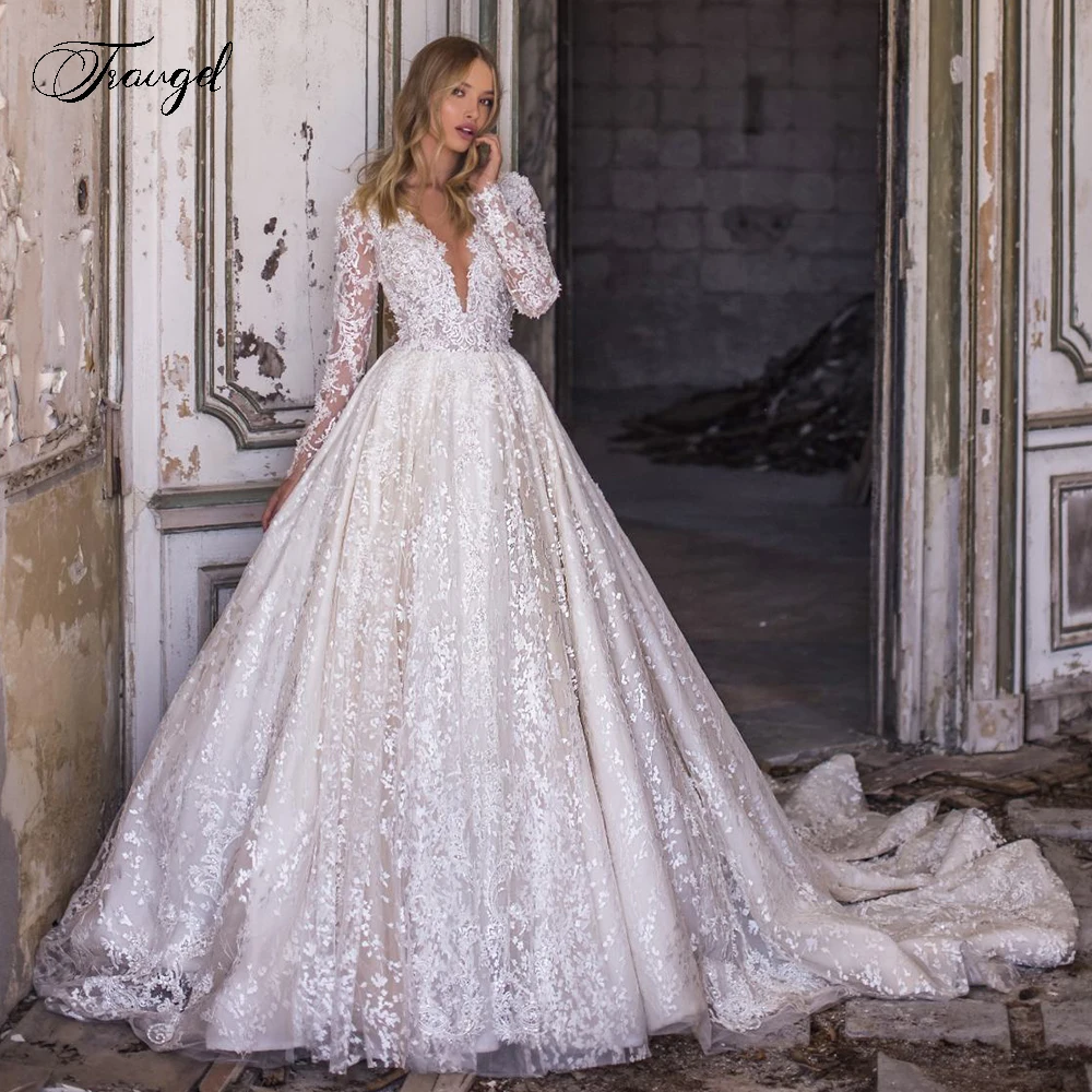 Traugel V Neck A Line Lace Wedding Dresses Elegant Applique Long Sleeve Zipper Bride Dresses Chapel Train Bridal Gowns Plus Size
Traugel V Neck A Line Lace Wedding Dresses Elegant Applique Long Sleeve Zipper Bride Dresses Chapel Train Bridal Gowns Plus Size