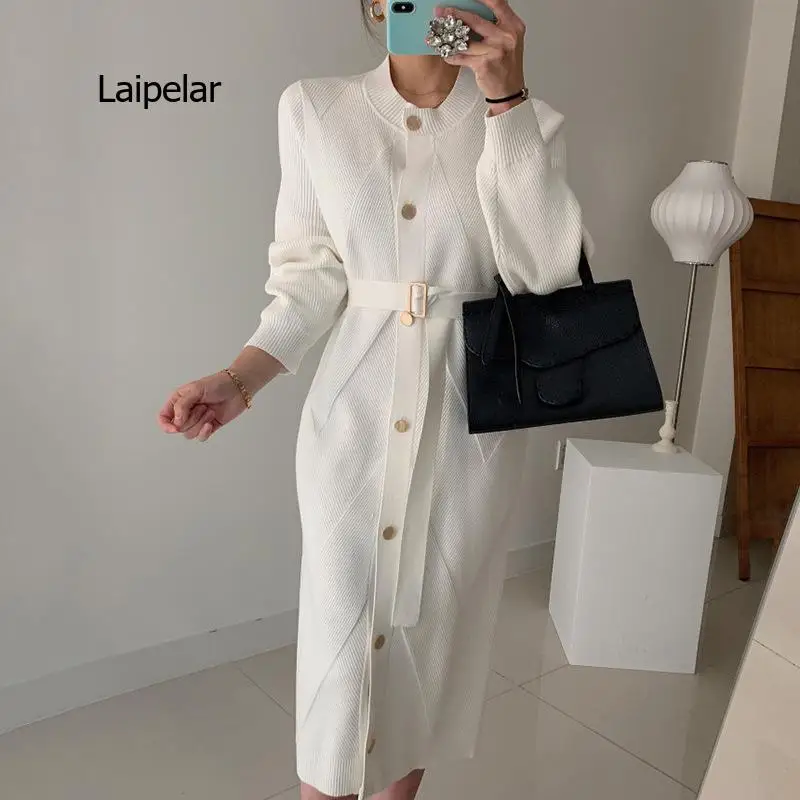Women's Round Neck Midi Dress Elegant Single Breasted Solid Color OL Style Long Sleeve Belt Knit
Women's Round Neck Midi Dress Elegant Single Breasted Solid Color OL Style Long Sleeve Belt Knit