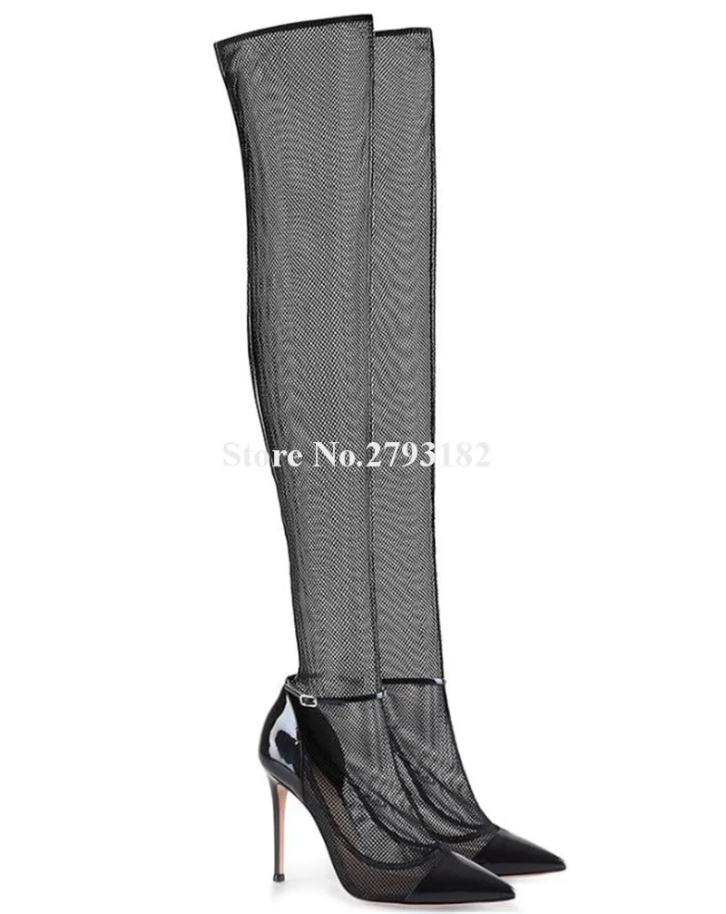 Newest Women Pointed Toe Patchwork Mesh Over Knee Stiletto Heel Gladiator Boots Black Patent Leather Toe Long Slim Boots
Newest Women Pointed Toe Patchwork Mesh Over Knee Stiletto Heel Gladiator Boots Black Patent Leather Toe Long Slim Boots