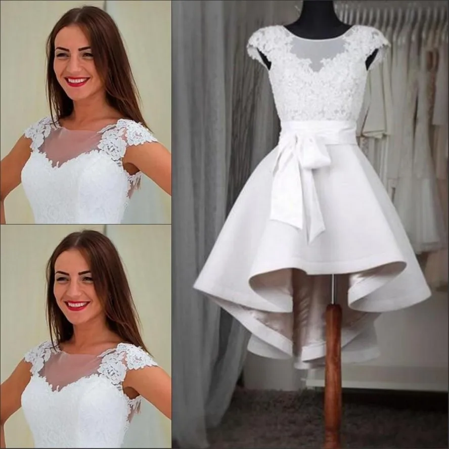 White Short Wedding Dresses Sheer Neck Cap Sleeves Appliques Lace Satin Bridal Gown Plus Size Custom Made vestidos de mariage
White Short Wedding Dresses Sheer Neck Cap Sleeves Appliques Lace Satin Bridal Gown Plus Size Custom Made vestidos de mariage