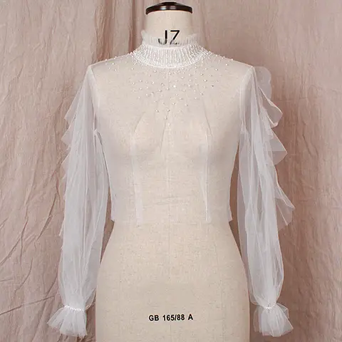 Bridal Wedding Tulle Coat Lady Elegant Party Shawl Women Beaded Victorian Retro Blouse Romantic Ruffle Long Sleeve Bolero