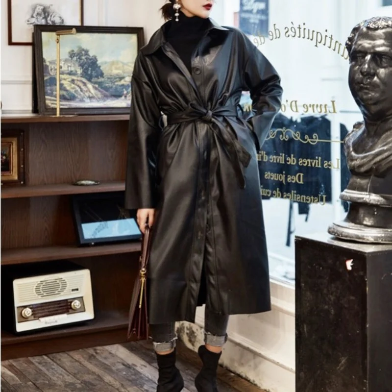PU Elegant Leather Long Coat Women Streetwear Loose Biker Jacket Spring Autumn Sashes Square Collar Black Overcoat Windbreaker
PU Elegant Leather Long Coat Women Streetwear Loose Biker Jacket Spring Autumn Sashes Square Collar Black Overcoat Windbreaker
