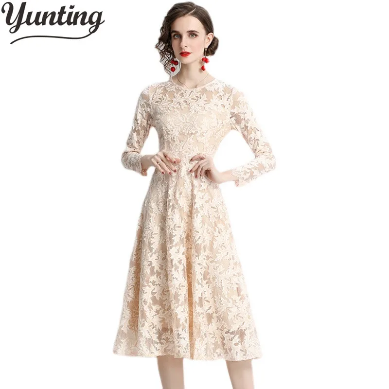 New Woman Hollow Out Apricot Lace Long Sleeve Elegant Party Dress Lady Single-breasted Vestido Fall
New Woman Hollow Out Apricot Lace Long Sleeve Elegant Party Dress Lady Single-breasted Vestido Fall