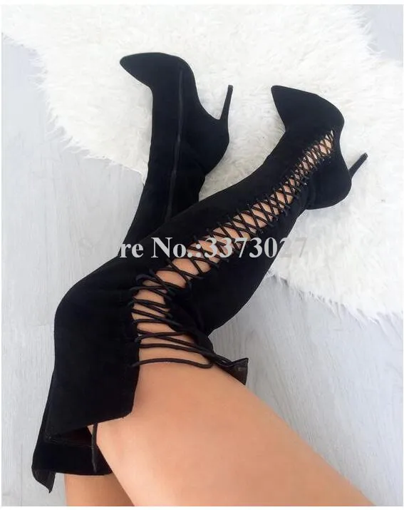 Black Suede Side Lace-up Woman Long Boots Sexy Hollow Out Pointed Toe Stiletto Heels Over the Knee Boots Lady Large Size Shoes
Black Suede Side Lace-up Woman Long Boots Sexy Hollow Out Pointed Toe Stiletto Heels Over the Knee Boots Lady Large Size Shoes